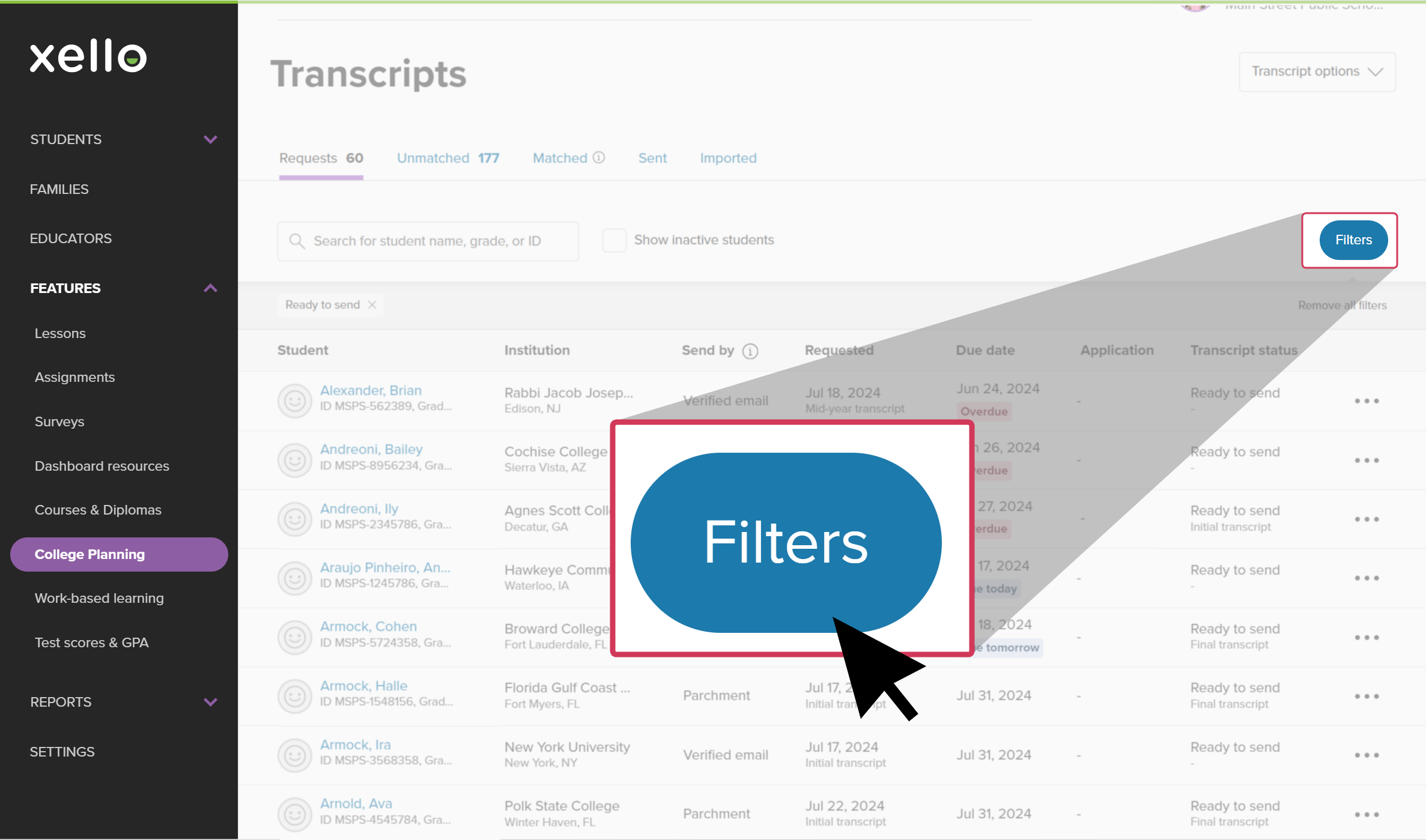 Transcripts page in Xello with Latests Requests tab open. The "All Requests" dropdown is open and "In-Network" is highlighted